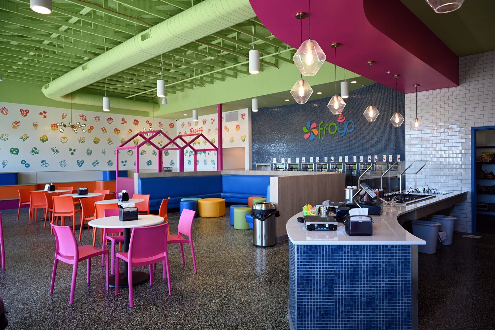 Spanish Fork pink playhouse booths and colorful seating