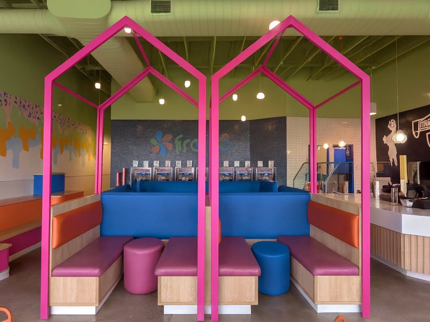 Pink playhouse booths inside Saratoga Springs Froyo